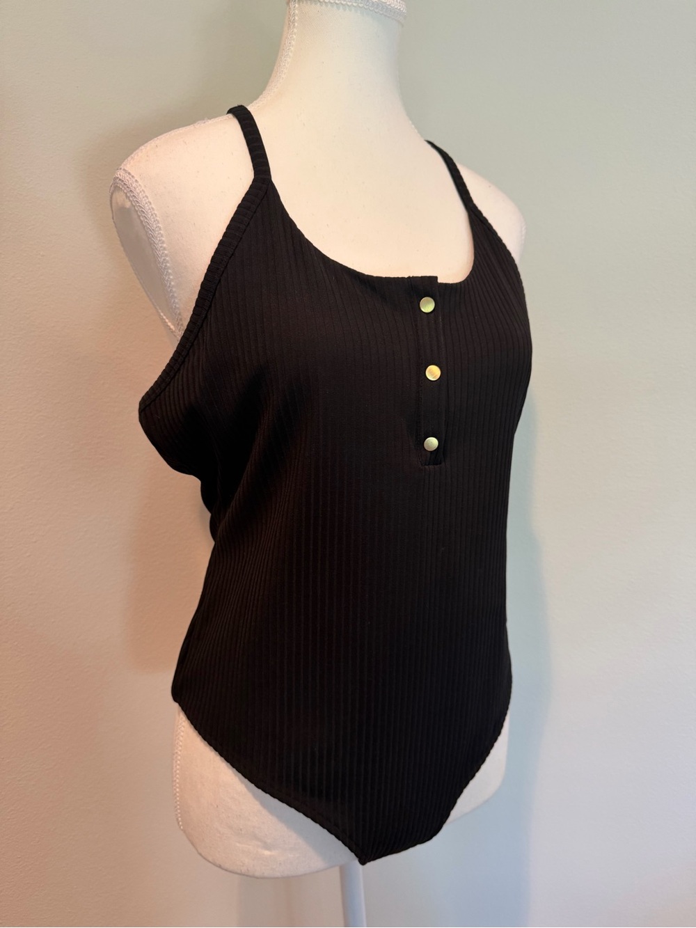 Victoria Secret Sport Sleek Black Ribbed Tank Bodysuit with Gold Button Accents
